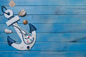 Composition: Summer composition with anchor seashells and bla