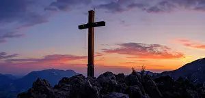 Berchtesgaden: Summit cross in red sky, Jenner, 1874m, Untersberg
