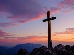 Berchtesgaden: Summit cross in red sky, Jenner, 1874m, Untersberg