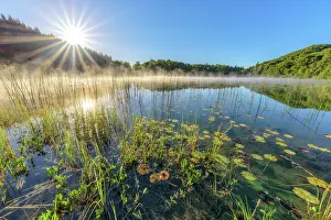 Bugey: Sun and morning mist on Lake Ambleon, Jura, Bugey