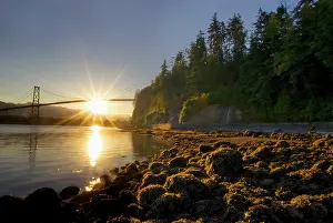 Lions: Sun rising behind Lions Gate Bridge, Stanley