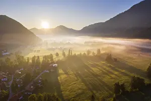Jachenau: Sunrise with ground fog, Jachenau, Isarwinkel, aerial