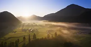 Jachenau: Sunrise with ground fog, Jachenau, Isarwinkel, aerial