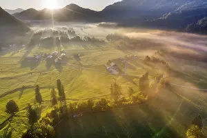 Jachenau: Sunrise with ground fog, Jachenau, Isarwinkel, aerial