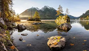Hintersee: Sunrise at Hintersee with fog, Hochkalter in the