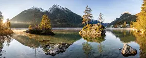 Hintersee: Sunrise at Hintersee with fog, Hochkalter in the