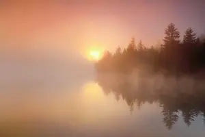 Etang: Sunrise over the mirror-smooth mire lake Etang de
