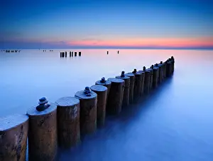 Cairn: Sunset at the Baltic Sea, cairns on groyne, Weststrand