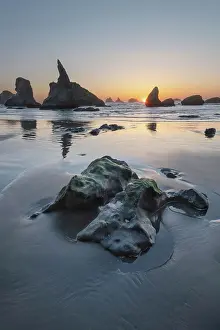 Seashore: Sunset on Bandon Beach at low tide, Bandon, , Oregon