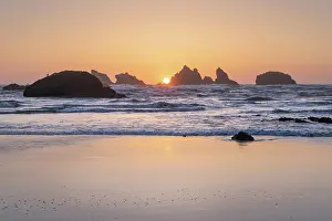 Seashore: Sunset on Bandon Beach at low tide, Bandon, , Oregon