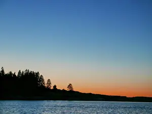 Maine: Sunset, Casco Bay, from water, Maine coast, summer