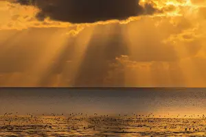 Sunrays: Sunset with clouds and sunrays at the Waddensea at low tide