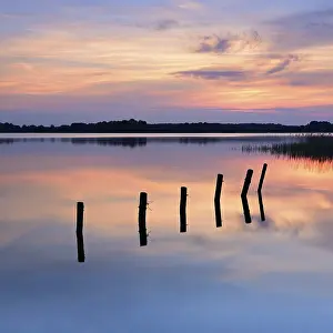 Pole: Sunset at Lake Schaalsee, wooden post in the water