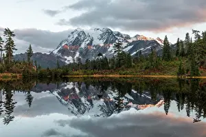 Snoqualmie: Sunset, Mt. Shuksan glacier with snow reflected