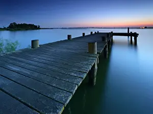 Jetties: Sunset at Peenestrom, bridge, Usedom Island, Mecklenburg-Wes