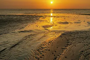 Tideland: Sunset over tidal creek on sandy beach, mudflats