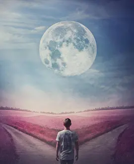 Moonlight: Surreal purple world with a person following the