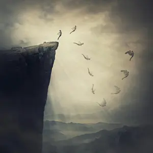 Imagination: Surreal scene, determined man jumping from the edge