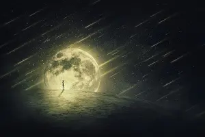 Moonlight: Surreal world scene with a person silhouette, alone