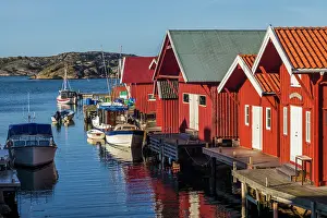 Shack: Sweden, Bohuslan, Kungshamn, red fishing shacks