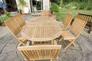Teak: Teak garden table and chairs on patio, Cotswolds, UK