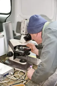 Instruments: Technician observing the semen of a bull