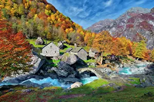 Ticino: Ticino stone houses, Puntid, stream Calnegia, Val