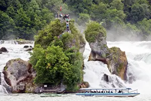 Rheinfall: Tourist boat and visitors at Rhine Falls (Rheinfall)
