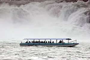 Rheinfall: Tourist boat and visitors at Rhine Falls (Rheinfall)
