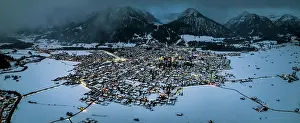 Allgau: Town view, aerial view, Oberstdorf in winter, Illertal
