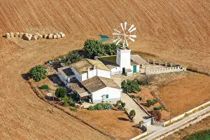Mallorca: Traditional finca farm with windmill landscape aerial