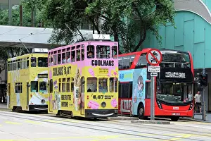 Tram: Traditional Hong Kong trams in Central, Hong Kong, China