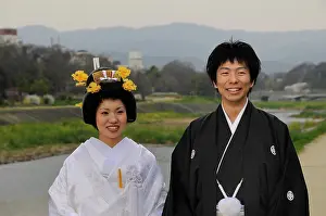 Celebrations: Traditional Japanese wedding couple wearing kimonos
