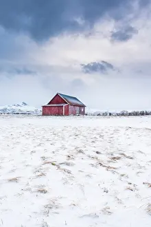 Cabin: Traditional Norwegian Red Cabin in field covered with snow