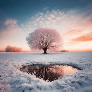 Generated: Tree with its reflection in a winter landscape at
