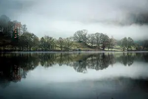 Cumbria: Trees reflected in water surface, fog, Rydal Water