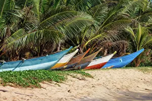 Lankan: Tropical beach with row of fishing boats on sand