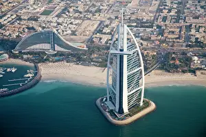Yacht: UAE, Dubai. Aerial of Burj al Arab and Jumeirah
