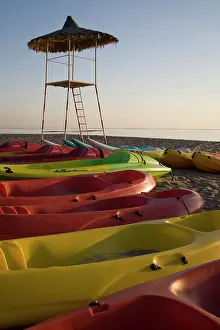 Rental: UAE, Fujairah. Colorful kayaks on beach