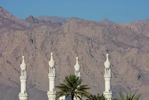 Emirates: UAE, Fujairah. Four white minarets against
