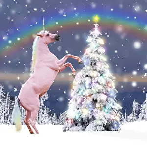 Unicorn: Unicorn and Christmas Tree with Christmas lights