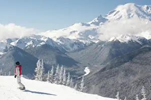 Skiing: United States, Washington, person on snowboard
