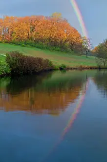 Wilmington: USA, Delaware, Wilmington. Rainbow reflects