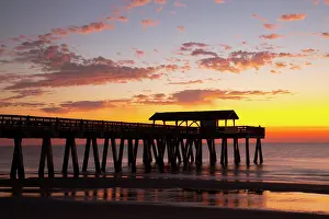 Pier: USA, Georgia. Silhouette of a pier in the sunrise