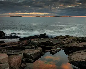 Harbor: USA, Maine, Acadia National Park. Moody sunset on