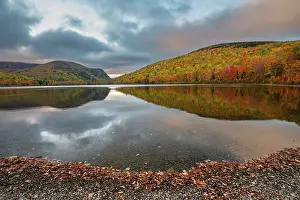 Maine: USA, Maine. Fall foliage and view of curved lake shore