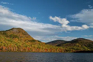 Maine: USA, Maine. Fall foliage and view of lake and Traveler's