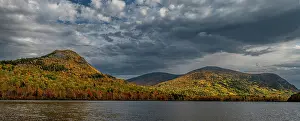 Maine: USA, Maine. Panoramic landscape of fall foliage and view of