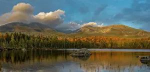 Maine: USA, Maine. Panoramic of Mount Katahdin and fall foliage