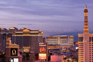 Neon: USA, Nevada, Las Vegas. Aerial view north
